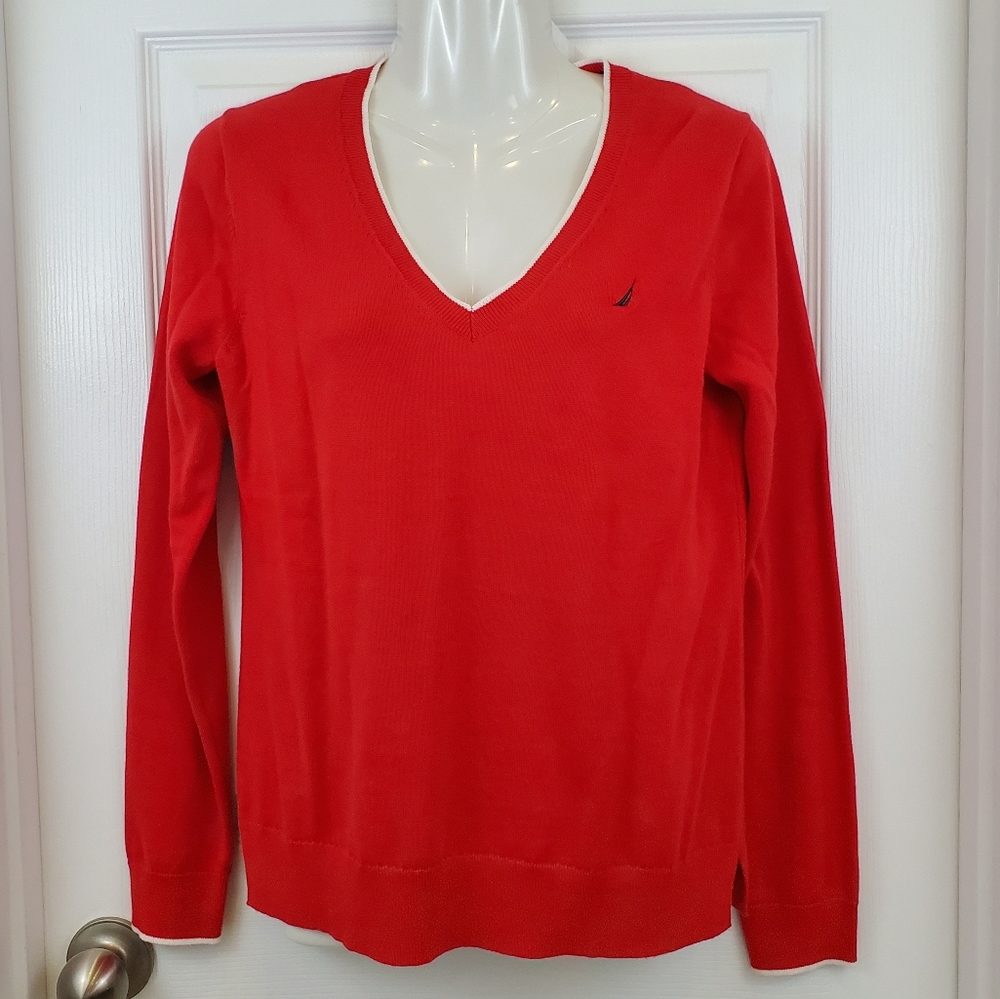 NAUTICA V Neck Pullover Long Sleeve Red Sweater sz S